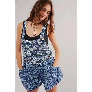 Free People Blue Palm Bay Printed Shortalls SMALL NWOT